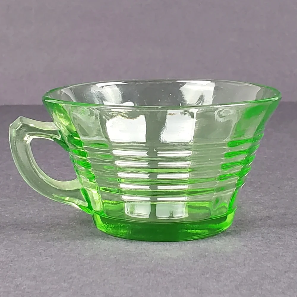 Vintage Green Uranium Glass Ribbed Teacup Vaseline Depression Glass Glows UV